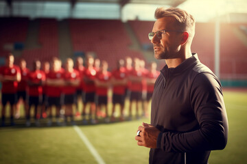 Portrait of sporty man in sportswear and glasses looking away while standing against rugby pitch