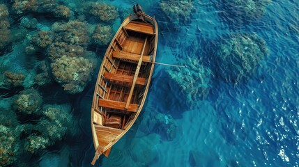 Vintage wooden boat in coral sea. Boat drone photo.