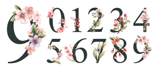 Watercolor floral numbers set with wild flowers from 0 to 9 Valentines day illustration