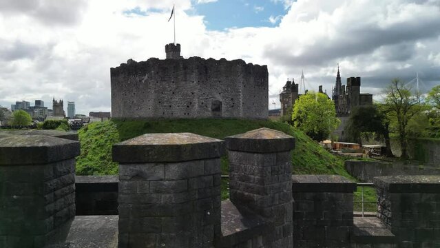 Aerial and drone view of Cardiff castle, Wales, UK