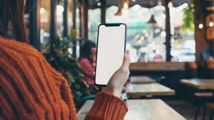 woman's hands holding mobile phone with blank screen in coffee shop. Woman using smartphone, looking at the screen, over shoulder view