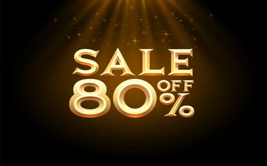 Sale off 80 percent, offer banner. Gold letters on a black background. Vector illustration.