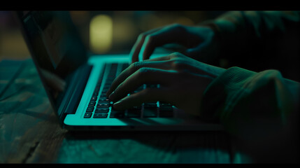 Man's hand is typing on laptop with bokeh background