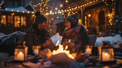 Happy couple having a romantic date on outdoor terrace with fire pit in winter, cozy atmosphere - obrazy, fototapety, plakaty