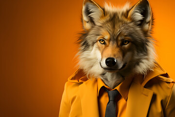 Stylish Wolf in Trendy Attire on Vibrant Orange Background - Ideal for Dynamic and People-Oriented Marketing,