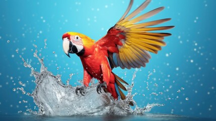 The vibrant blue parakeet gracefully soars above the glistening water's surface, creating ripples as it glides through the air.