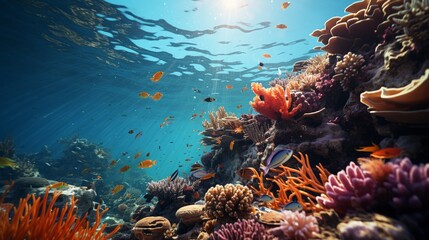 Fototapeta na wymiar Diver's fins and air bubbles underwater, coral reef and colorful fish visible, emphasizing the beauty and exploration of scuba diving, Photorealistic, underwate