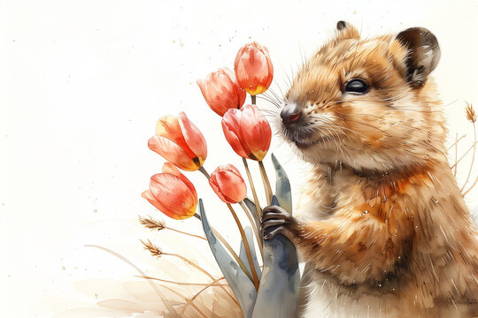 Painting of a quoka holding flowers, red tulips, postcard, copy space