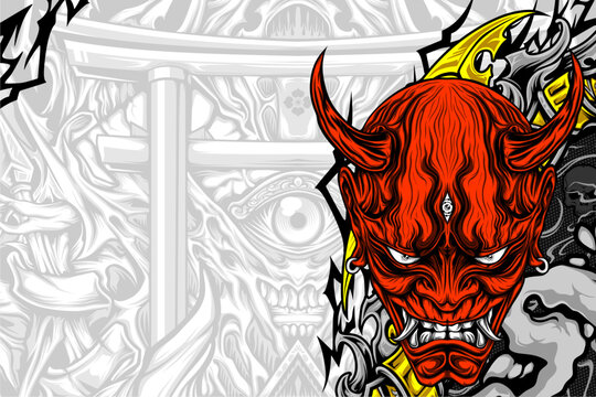 japanese oni mask illustration for your design