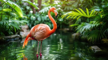 Fototapeta premium A pink flamingo standing in a body of water