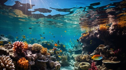 Naklejka na ściany i meble A vibrant coral reef teeming with colorful fish and marine life, the intricate ecosystem a burst of color and activity beneath the water's surface, Photography,