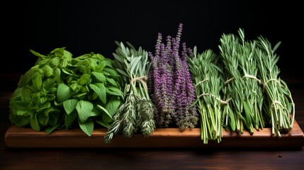 An assortment of fresh and dried herbs, including rosemary, thyme, and mint, laid out on a white background, highlighting their natural beauty and aroma, Herb v