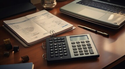 Contemporary office essentials: calculator atop laptop and open notebook

