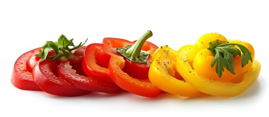 Vibrant assortment of three chili peppers and one bell pepper on white background