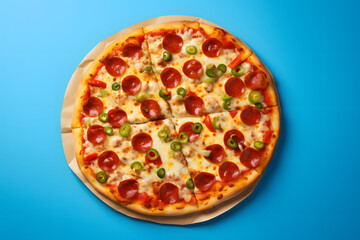 Flat Lay Photo of Delicious pizza, Isolated on Vibrant Bright Blue Background.