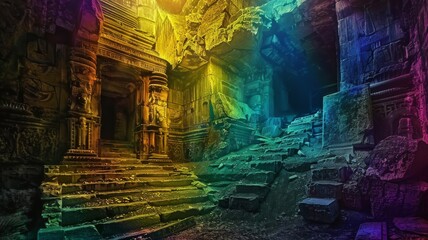Ancient mysterious ruins in the underworld bathed in colorful light echoing forgotten music