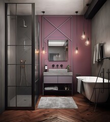 Modern bathroom interior design with glass shower and freestanding tub