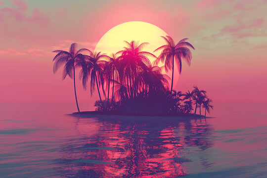 Retro effect tropical island sunset with palms