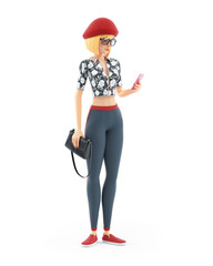3d fashion girl holding handbag and looking her mobile phone