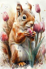 Painting of a squirrel holding a flower, postcard