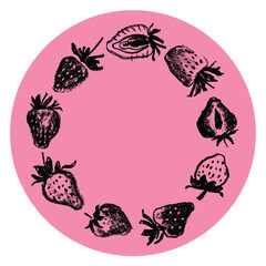 Strawberry wreath with berries drawings for juice label, cosmetics packaging design, healthy food banner template. Hand-drawn vector strawberries garland illustration. Red berry chaplet. Round frame.