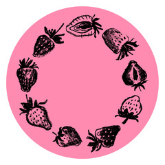 Strawberry wreath with berries drawings for juice label, cosmetics packaging design, healthy food banner template. Hand-drawn vector strawberries garland illustration. Red berry chaplet. Round frame.
