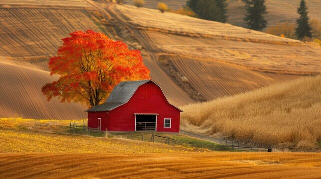 A red barn in the fall season in the palouse wheat 