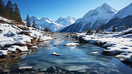 Fototapeta premium An icy mountain lake in the heart of winter, the surface frozen solid, snow-covered peaks in the background, the silence of the wilderness pervasive, Photograph