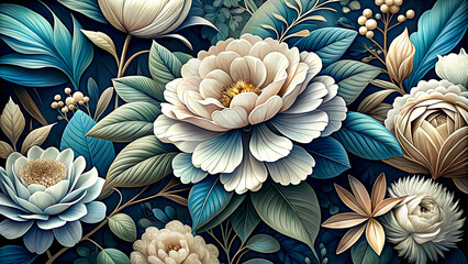 A close-up of a colorful floral pattern featuring blue and yellow dahlias in full bloom