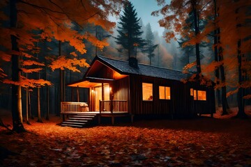 The best autumn and winter staycations to book. Cozy wooden cabin, cottage in night autumn forest. Cozy Autumn Retreats, relaxation and mindfulness fall holidays. Nature Retreats