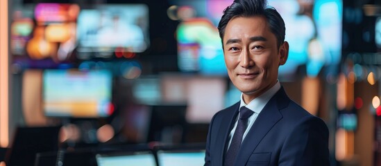 Seasoned Professional, A Confident Asian News Announcer in His 40s, Commanding the News Desk with Authority and Expertise. - obrazy, fototapety, plakaty