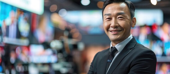 Seasoned Professional, A Confident Asian News Announcer in His 40s, Commanding the News Desk with Authority and Expertise.