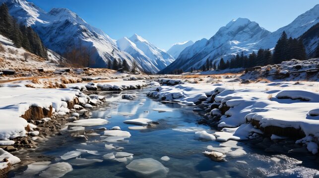 An icy mountain lake in the heart of winter, the surface frozen solid, snow-covered peaks in the background, the silence of the wilderness pervasive, Photograph