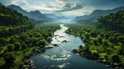Fototapeta na wymiar Aerial view of a tropical rainforest, dense canopy of trees, rivers cutting through, showcasing the vastness and richness of tropical nature, Photorealistic, ae