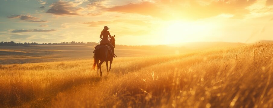 woman quick riding horse in evening landscape