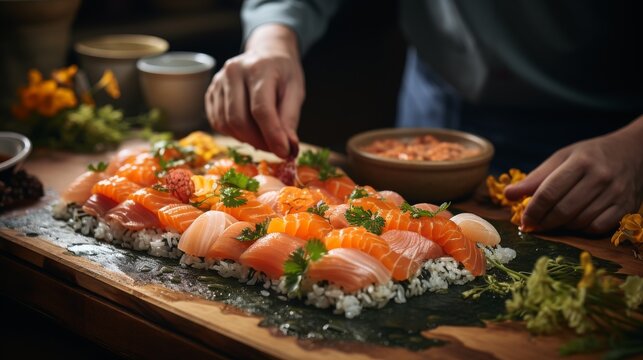 Close-up of sushi making process, chef's hands rolling sushi, fresh ingredients, conveying the precision and tradition of Japanese cuisine, Photorealistic, sush