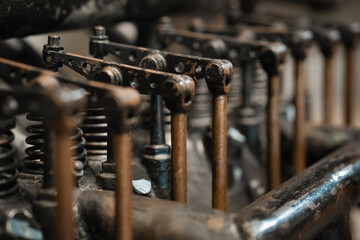 Old plane engine, closeup details of metal mechanic parts and motor valves
