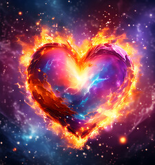 heart shaped flames with a galaxy background