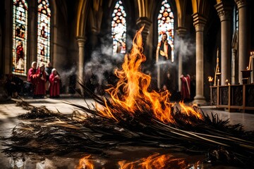 Burning palm Sunday, ash wednesday reflection. ashes are created at the parish church through the burning of palm branches were blessed on Palm Sunday - obrazy, fototapety, plakaty