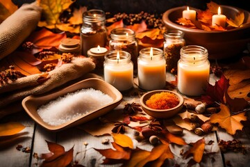Autumn wellbeing, protect mental health concept. How to Cope With Fall Anxiety. Relaxing bath filled with autumn-themed bath salts, candles, and dried leaves - obrazy, fototapety, plakaty