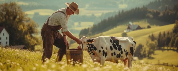 Gordijnen Farmer milking a cow on beautiful meadow. © Filip
