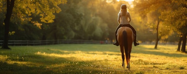 Girl riding on horse rear view shot.  Woman practicing a ride on horse back