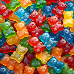 Seamless pattern of colorful gummy bears. Top view.