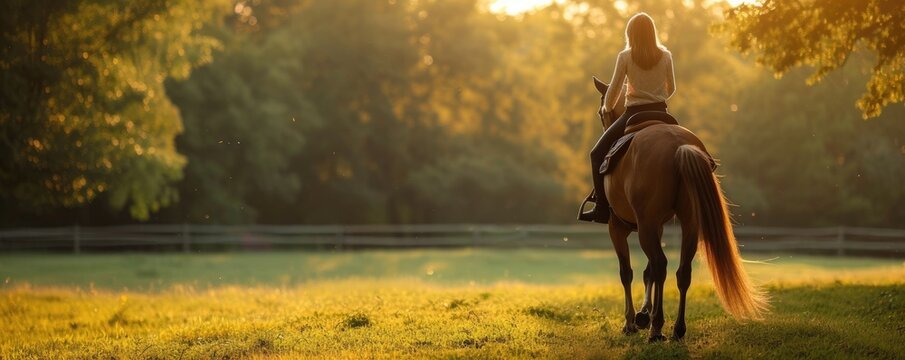 Girl riding on horse rear view shot.  Woman practicing a ride on horse back