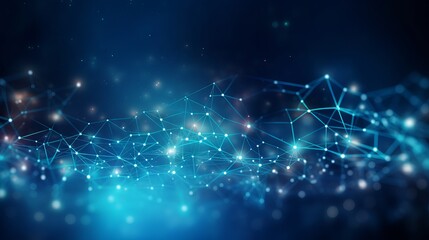 Dynamic blue abstract banner: sci-fi digital technology with connected network grid and data graphics

