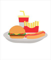 Fast food icon set. Hand drawing vector illustration. Pizza hamburger ketchup sausage french fries