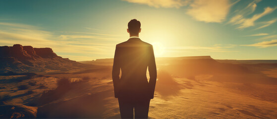 a man stands in desert  and looks at the sunset, dressed in a business suit, motivation to achieve success goals, personal growth. Concept of success and achieving goals - obrazy, fototapety, plakaty