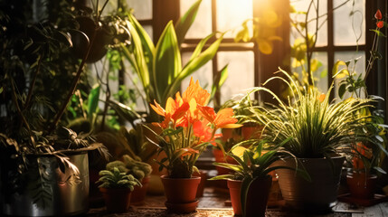 Fototapeta na wymiar Plants basking under ultraviolet light, illustrating the concept of indoor gardening at home. Vibrant foliage thriving in artificial lighting conditions.
