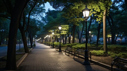 Obraz premium An urban park at dusk, the landscape softly lit by ambient city light and the occasional lamp post, the calmness of the space offering a respite and contrast to