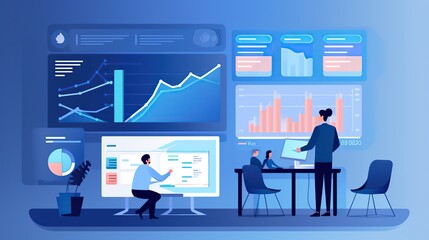 Illustration of Business environment in isometric view. Online trading digital technology. Financial application. Laptop with graphics.